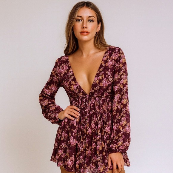 Free People Dresses & Skirts - NWT Free People XS Mini‎ Dress Floral Purple Long Sleeve Boho Cottage Western FP